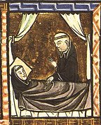 Besuch am Krankenbett, Gautier de Coincy, La vie et les miracles de Notre Dame, Frankreich, um 1260, Russische Nationalbibliothek, St. Petersburg.
