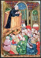 Diese Buchmalerei, die um 1411 in Innsbruck entstanden ist, zeigt die Predigt eines Mönches