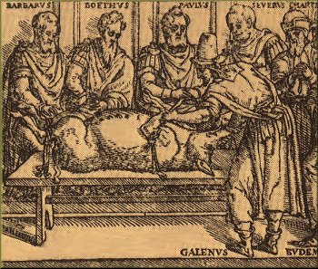 Galen bei der Sektion eines Schweines - Titelblatt der venezianischen Galenausgabe von 1565